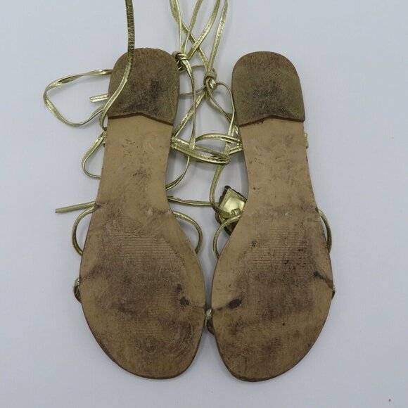 Express Womens 9 Lace Up Gladiator Flat Sandals Multicolor Rhinestone Gems Gold - Picture 8 of 9